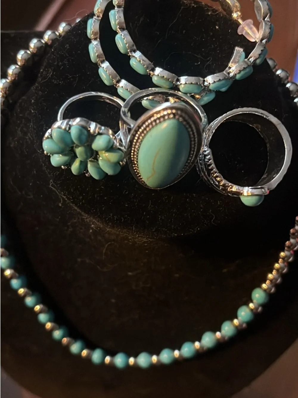 Turquoise Stone Silver-Tone Rings Earrings and Necklace Set - Women Jewelry